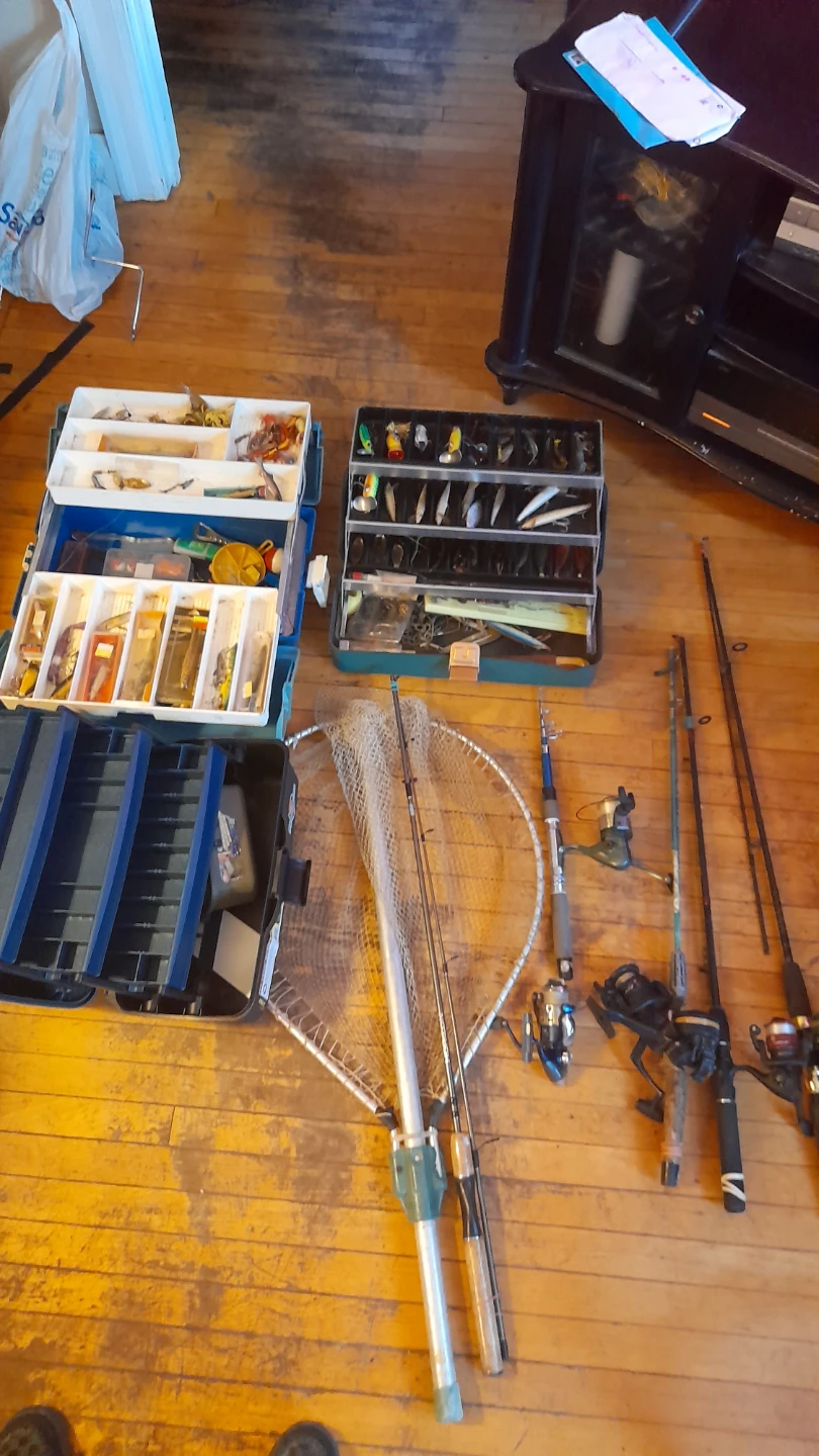Fishing Rods, Reels, Tackle Box, and Net