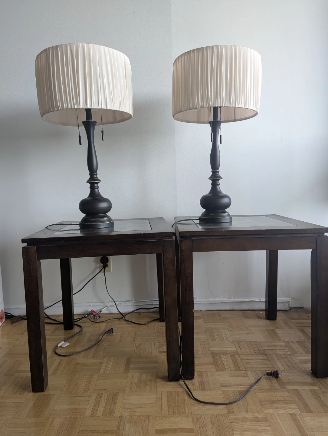 Pair of Dark Wood End Tables with Cream Lamps