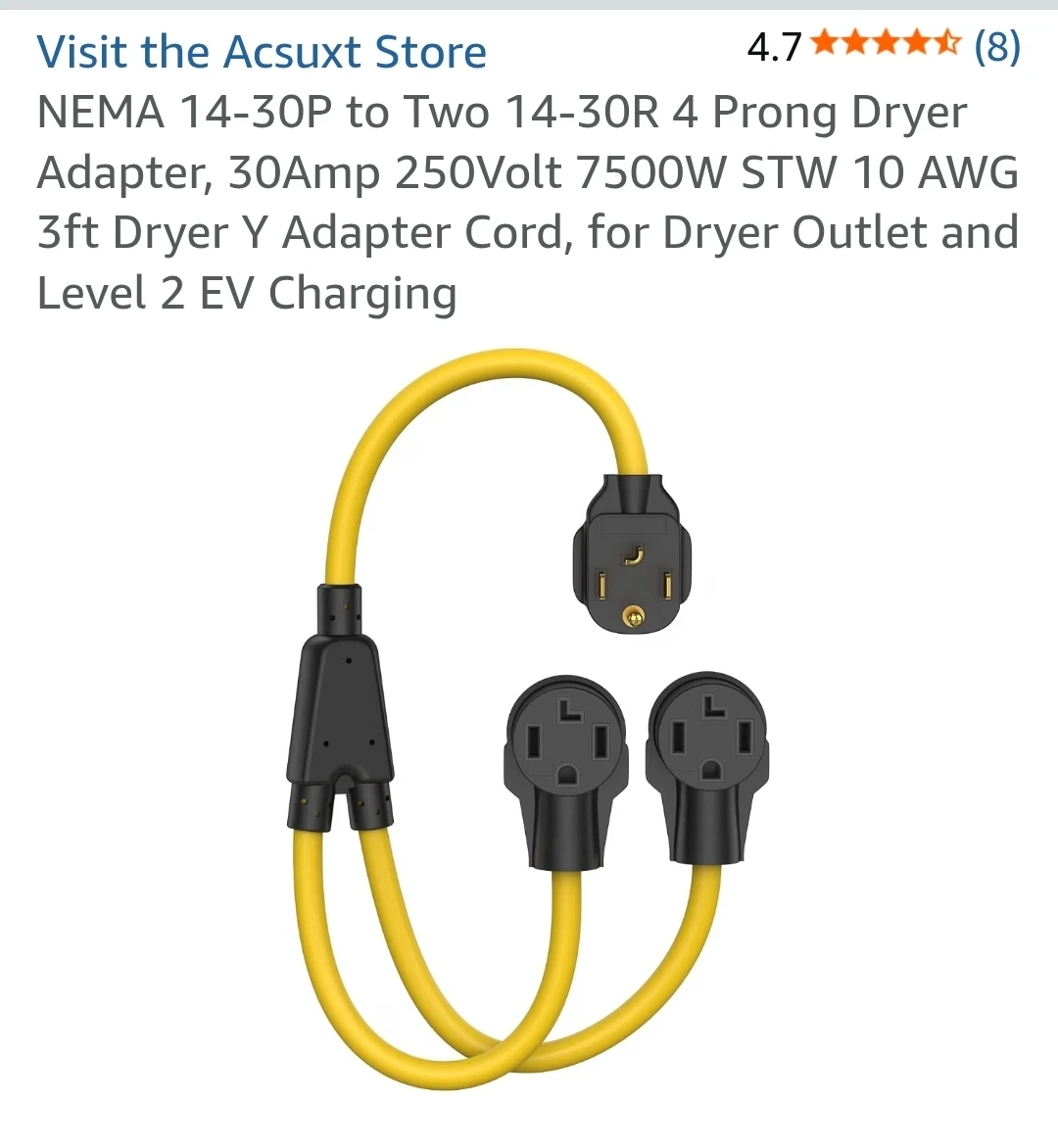 3ft NEMA 14-30P to Dual 14-30R Dryer Adapter Cord