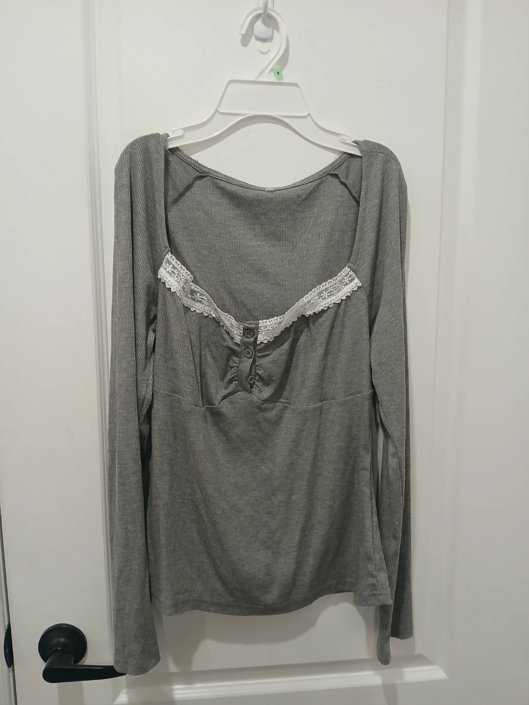 Grey Long Sleeve Top with Lace Trim