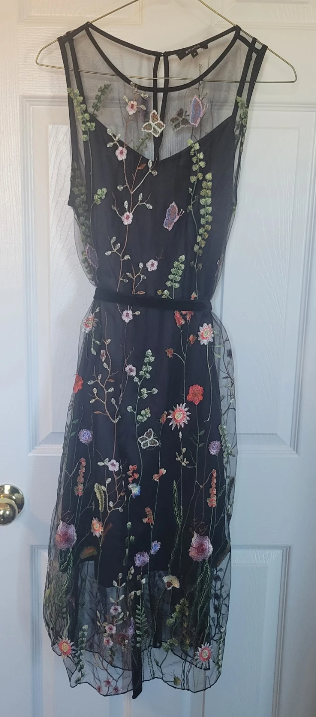 Black embroidered sheer dress with butterflies and flowers