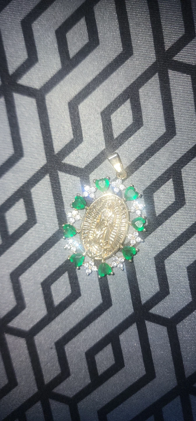Gold platted Virgin Mary Pendant with Green and White Stones - photo 4