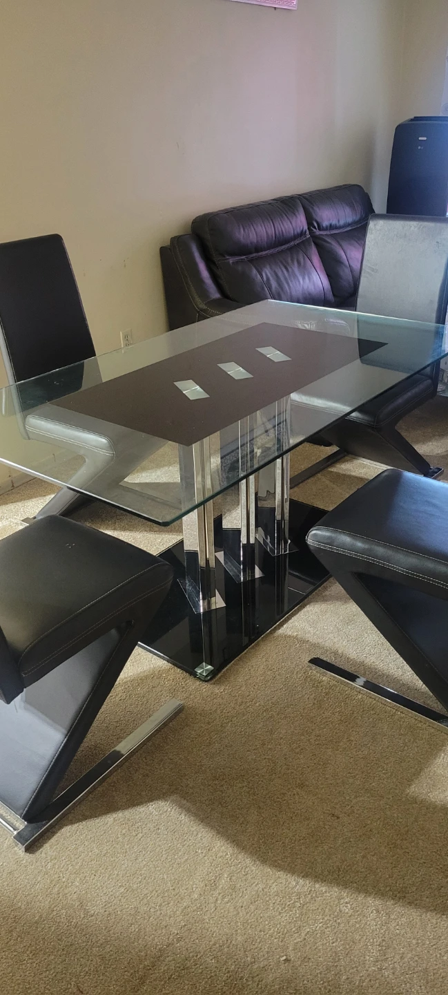 Tempered Glass Dining Table with 4 Black Faux Leather Chairs - photo 5
