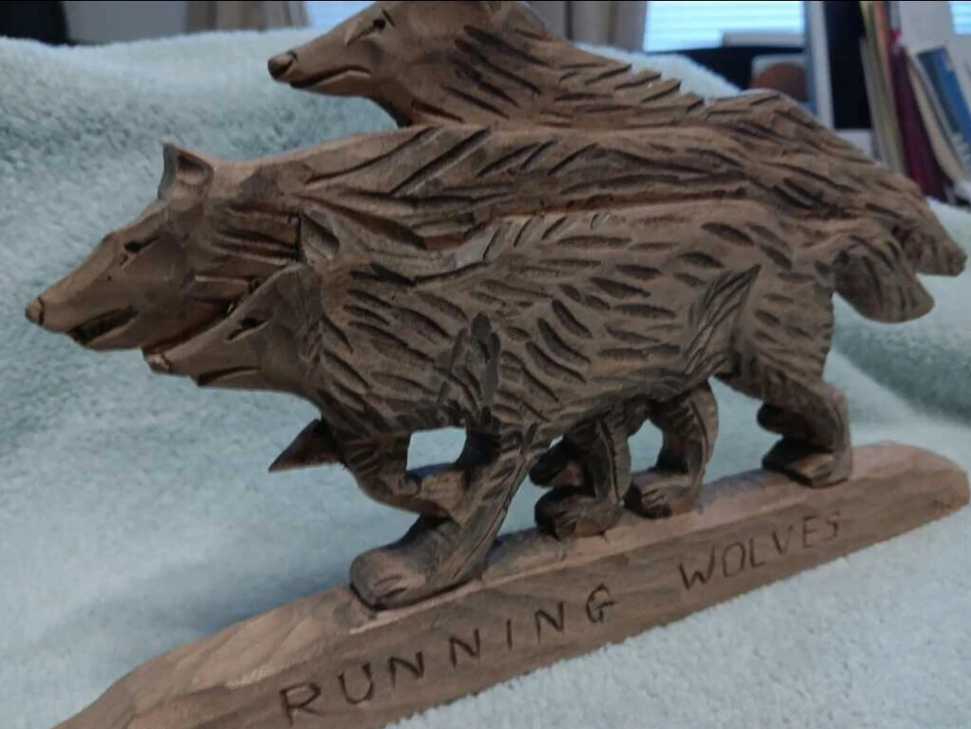 Hand-carved Running Wolves Wood Sculpture - photo 5