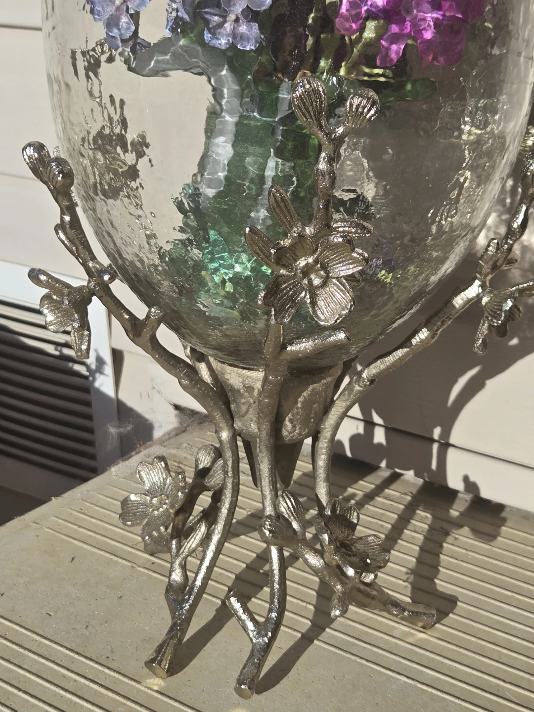 Glass Vase with Decorative Gold Stand with flowers - photo 2