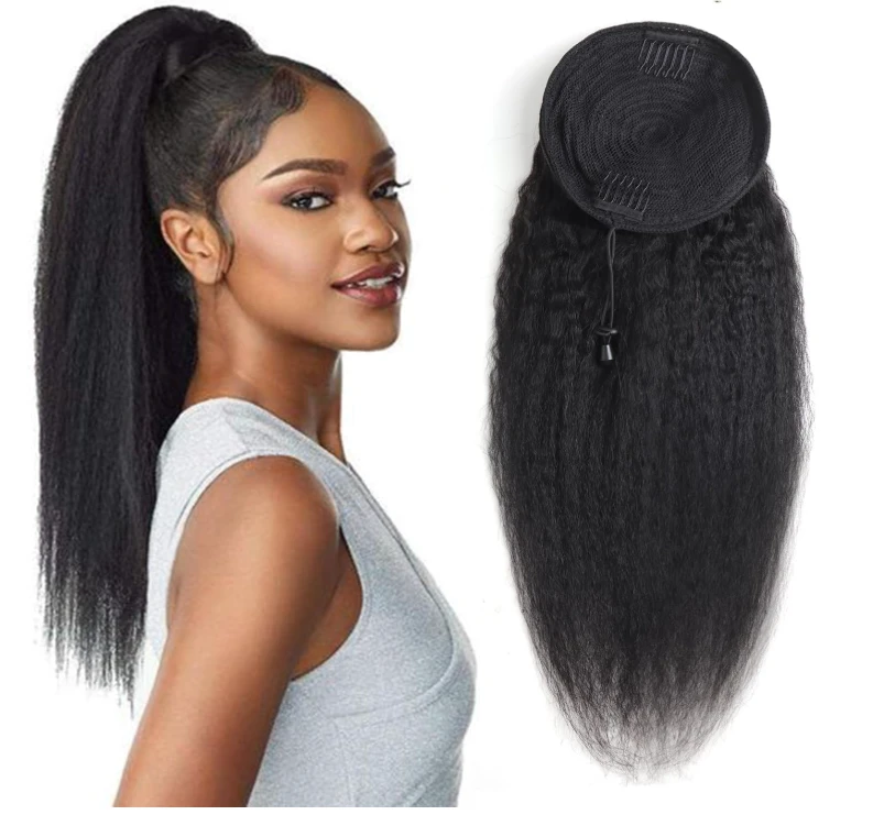 Kinky Straight Ponytail Extension 100% Human Hair Natural Black