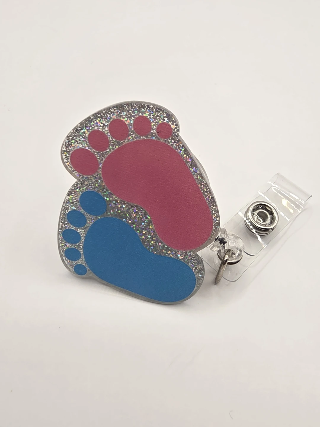 Baby Footprint Badge Reel Holder Glitter Pink Blue - photo 2