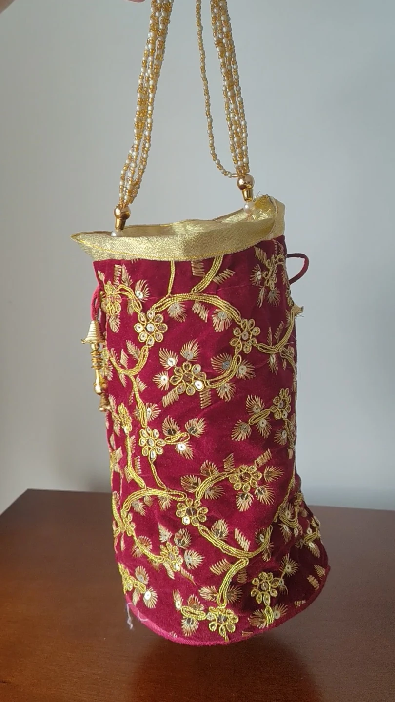 Embroidered Velvet Drawstring Bag with Beaded Handles - photo 2