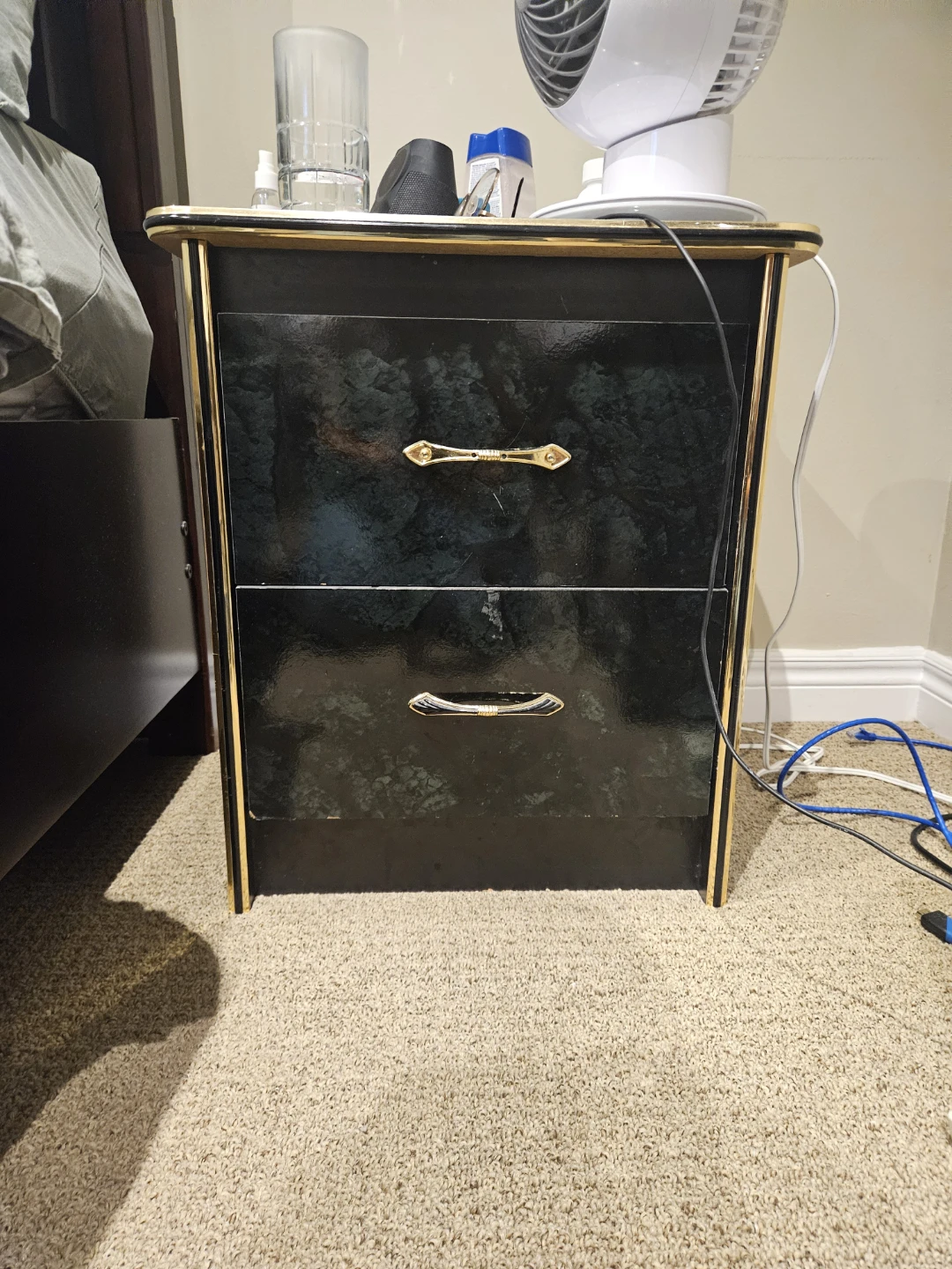 Two-drawer nightstand with decorative handles