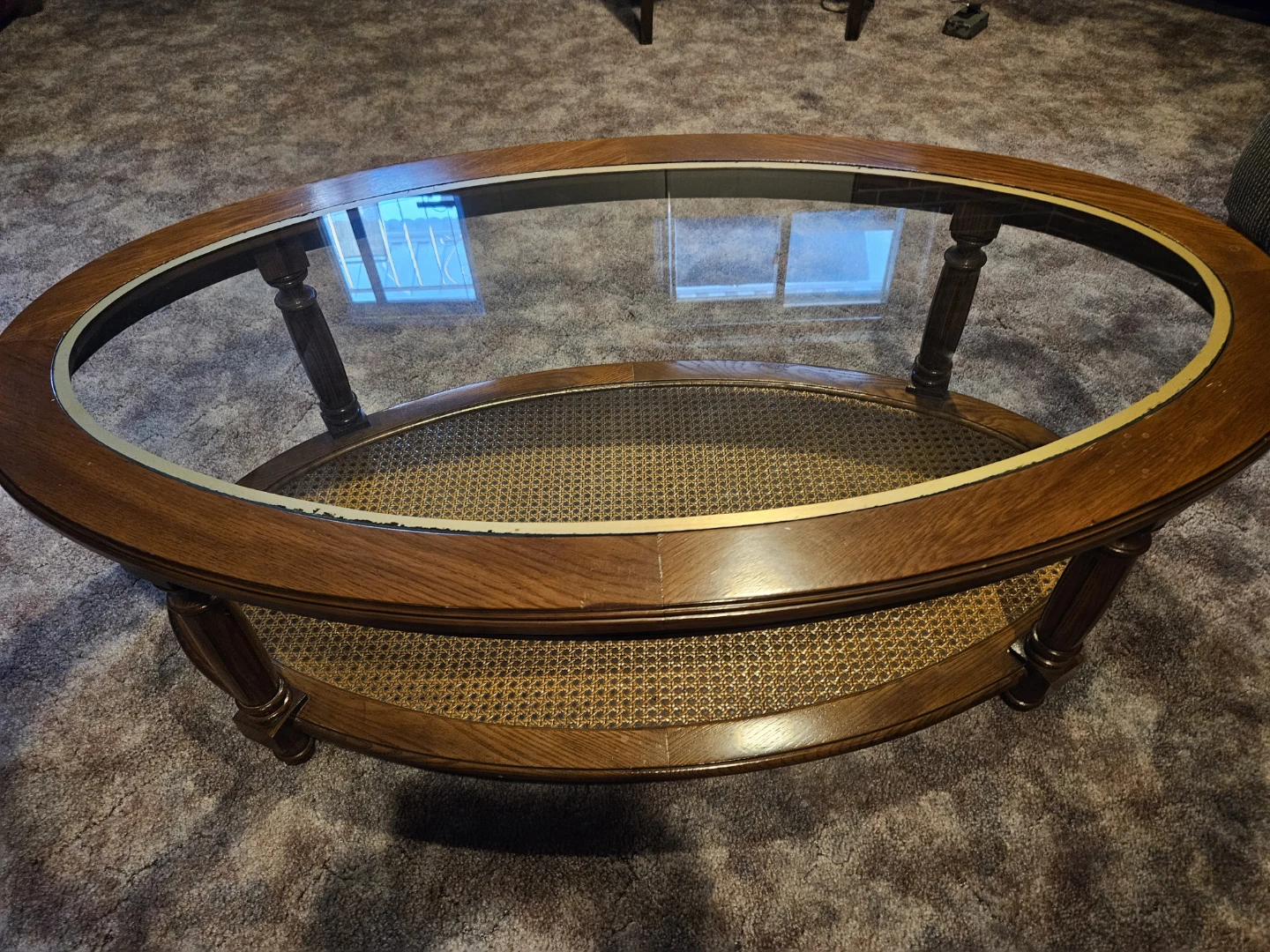 3 Oval Wood Tables with Glass Top and Cane Shelf - photo 3