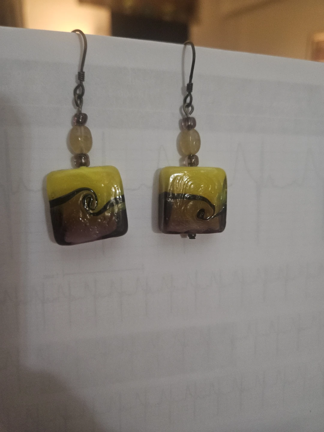 HANDCRAFTED  Artisian  glass  Yellow and Brown Swirl Earrings - photo 2