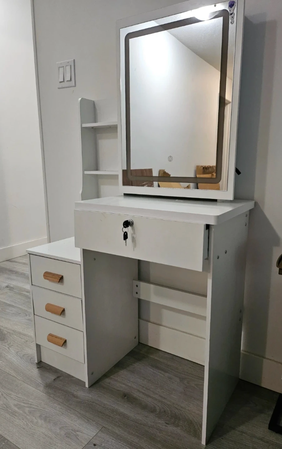 White Vanity Table with touch Mirror and Drawers