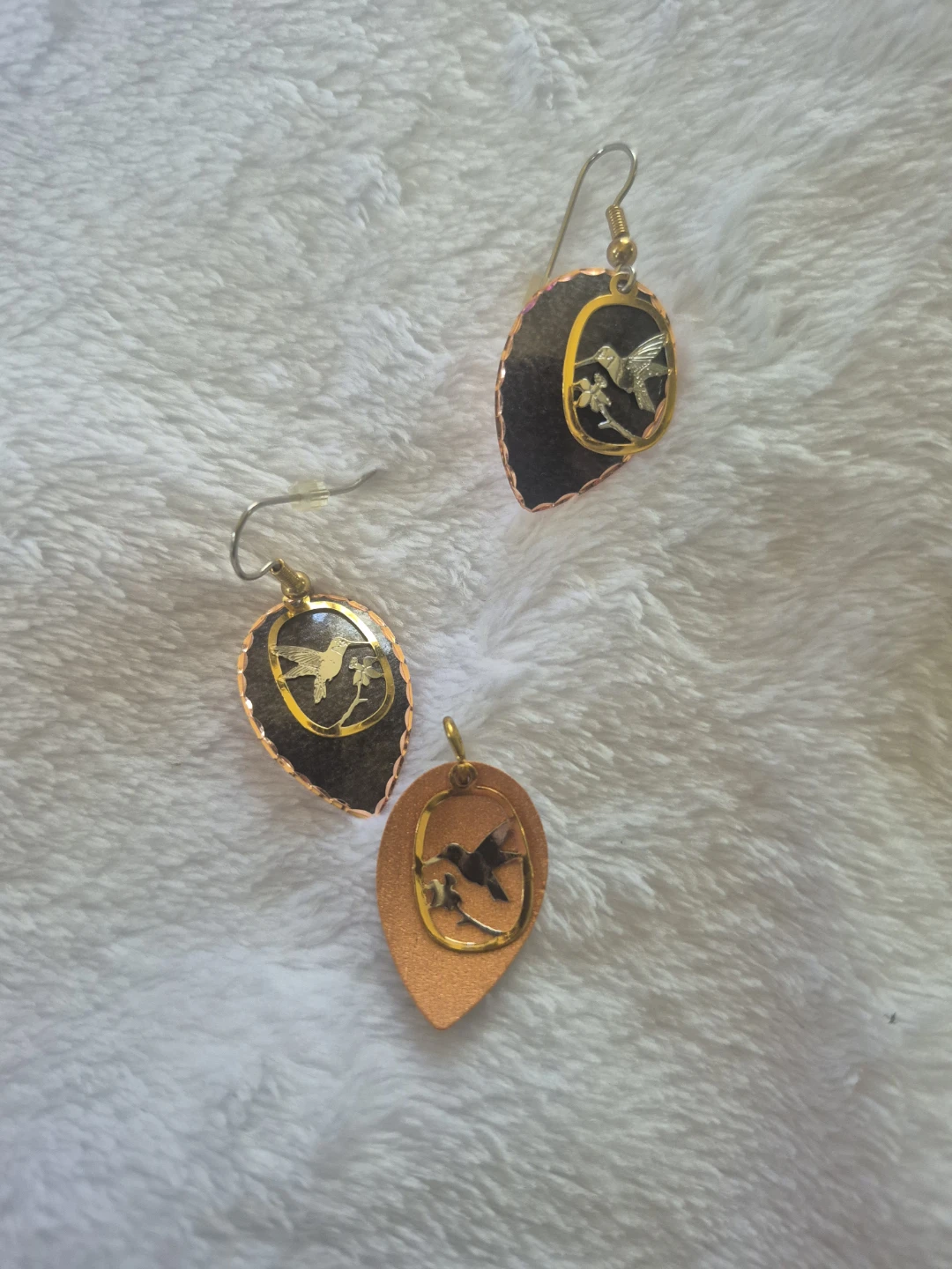 Copper Leaf Hummingbird Earrings and Pendant