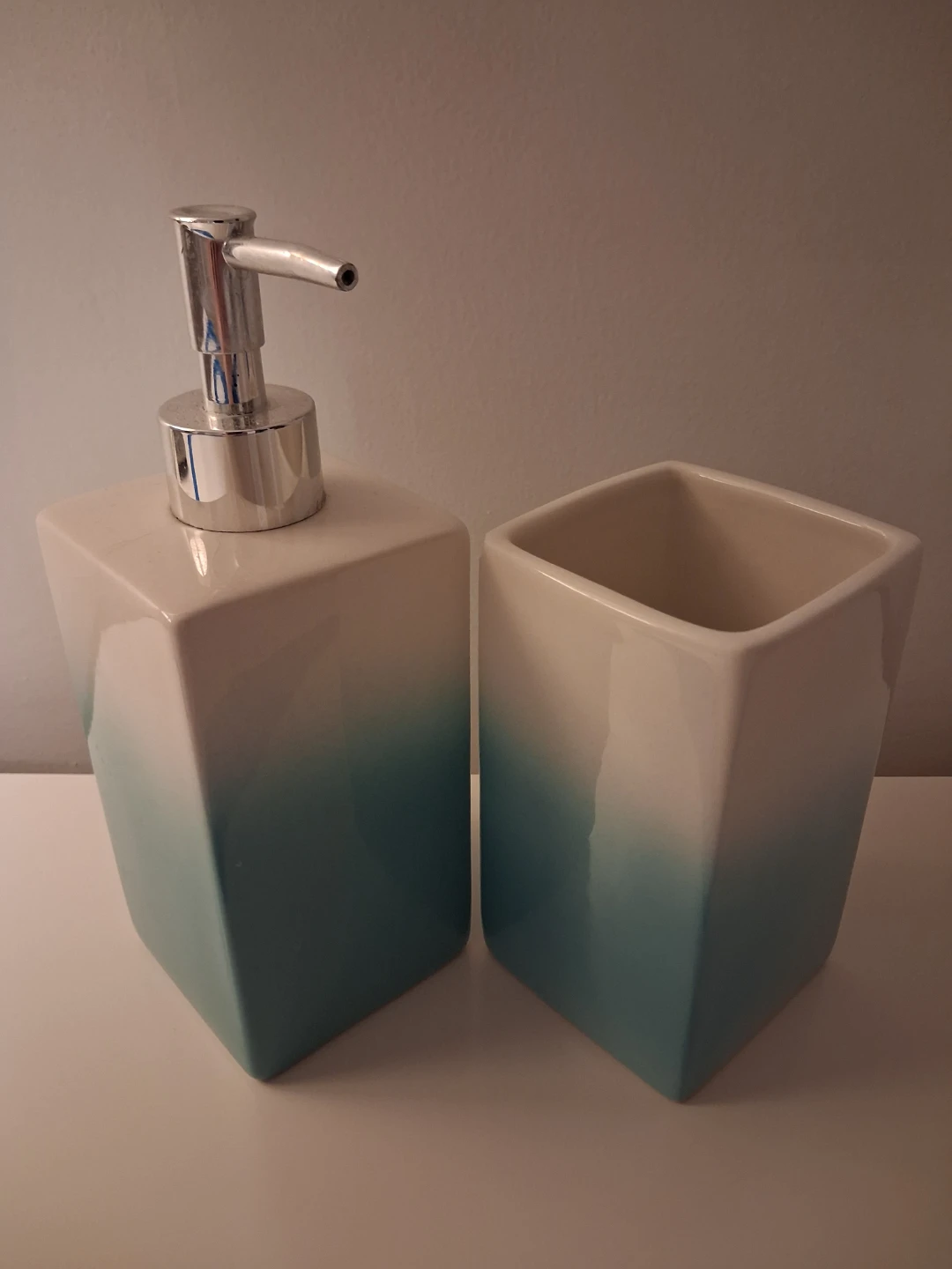 Ceramic soap dispenser and toothbrush holder set