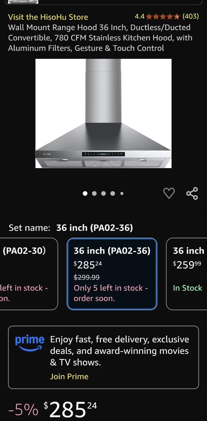 HisoHu 36 Inch Stainless Steel Range Hood