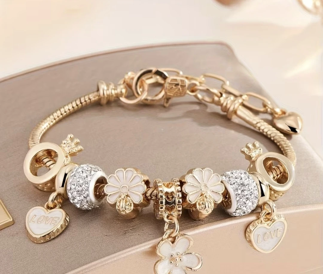 Petal Flower Love Heart Charm Bracelet 17+4cm