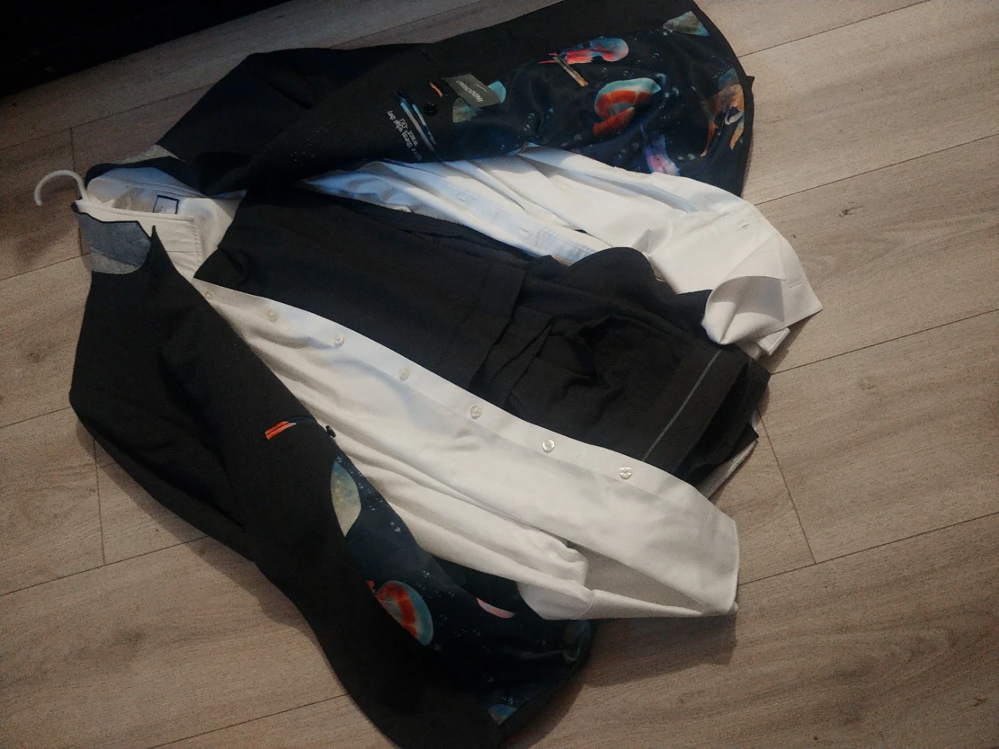 Indochino black suit jacket with shirt and vest