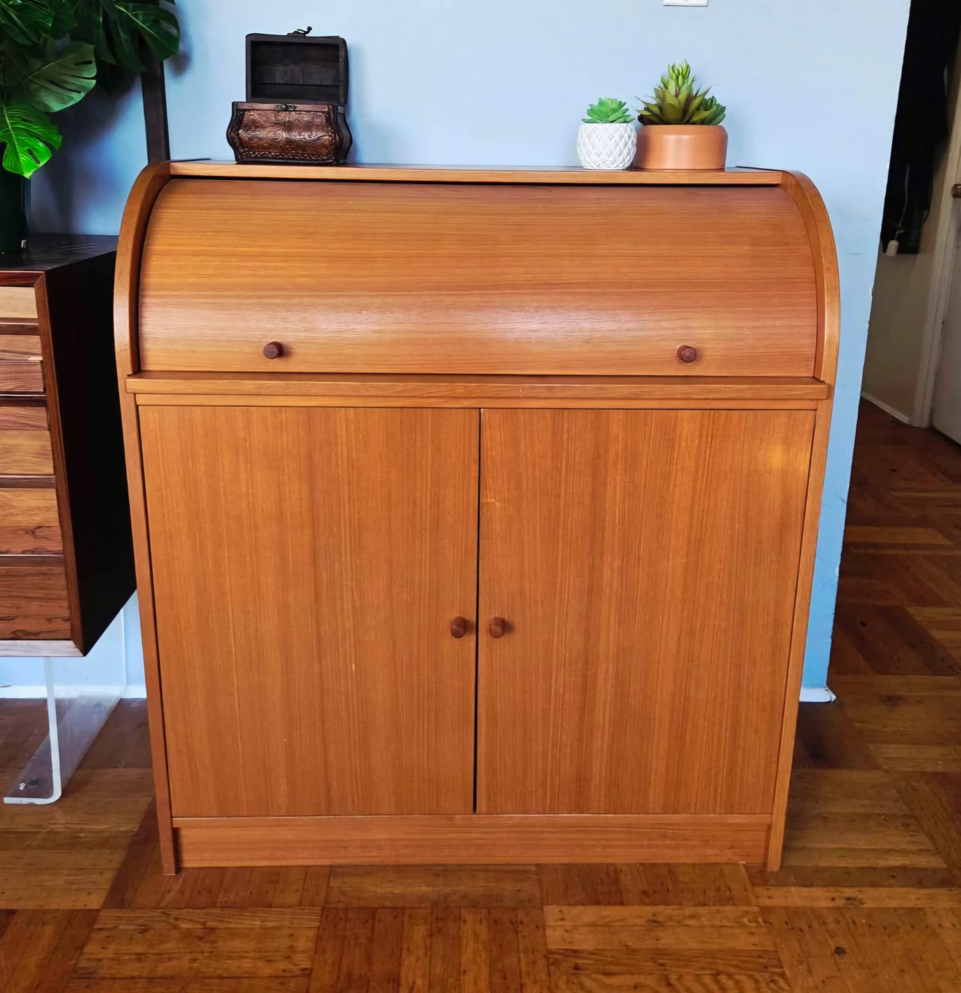 MCM Teak Roll Top Secretary Desk With Pull Out Extension