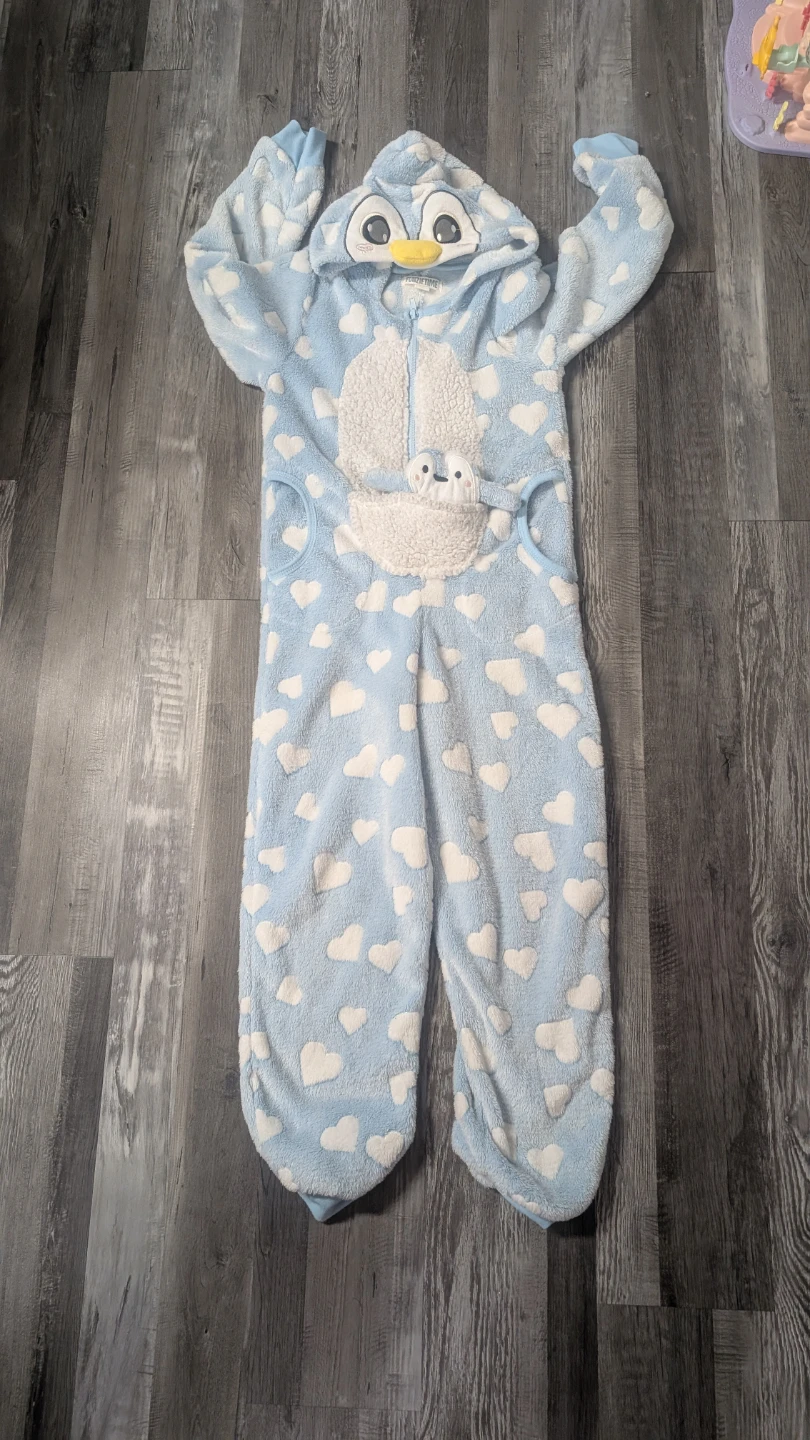Halloween Blue Penguin Heart Print Fleece Onesie