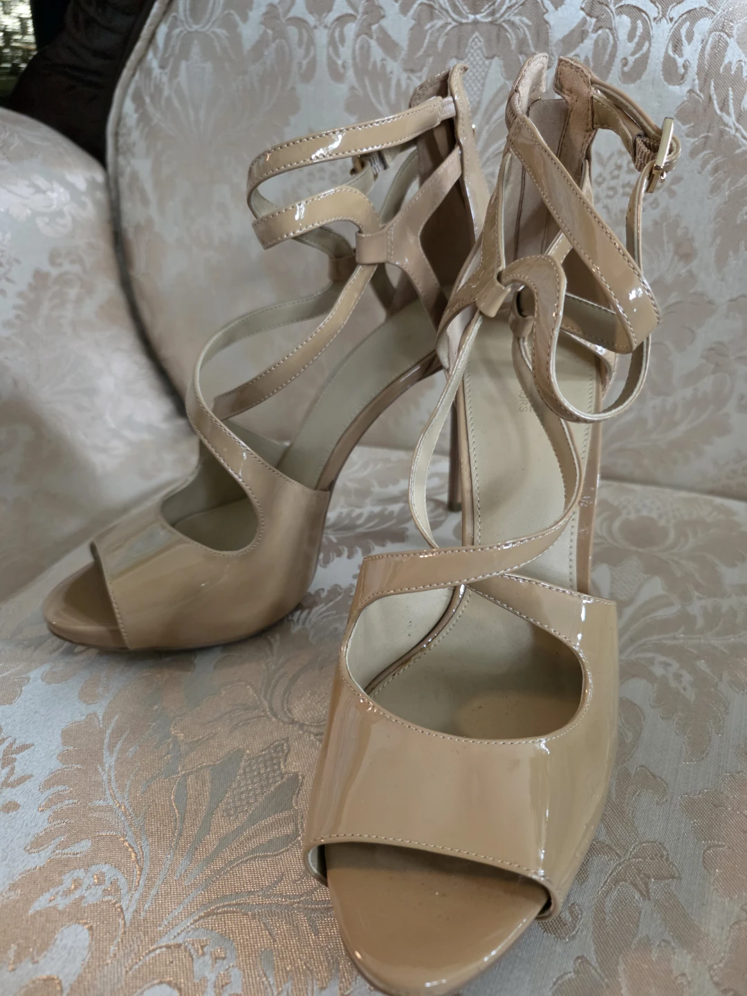 Beige Patent Leather Strappy Heels