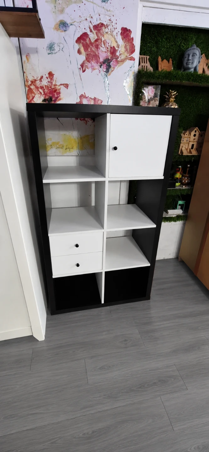 Black and White Storage Shelf Unit with Drawers and Cabinet