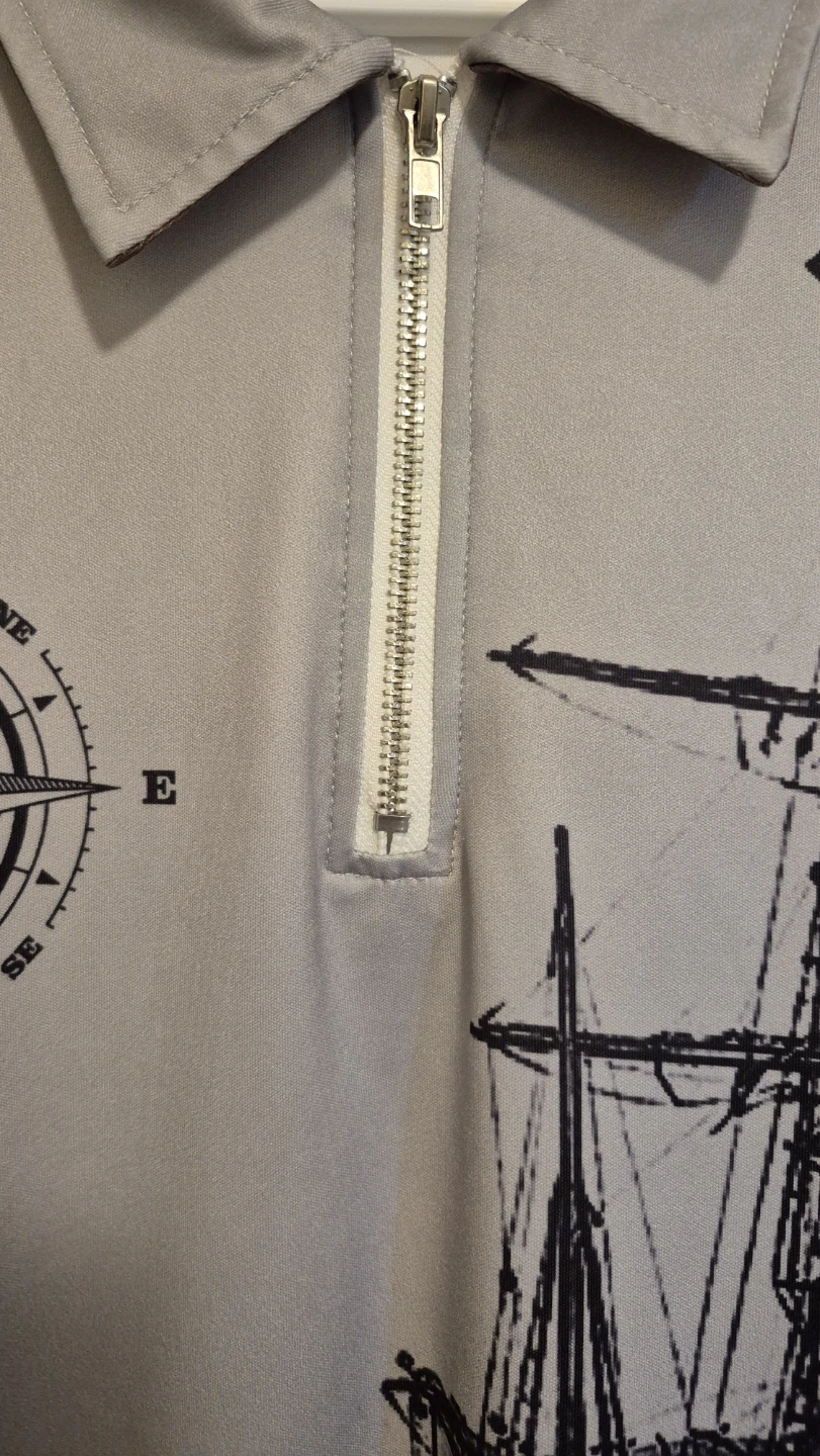 Grey Long Sleeve Polo Shirt with Ship Graphic - photo 3