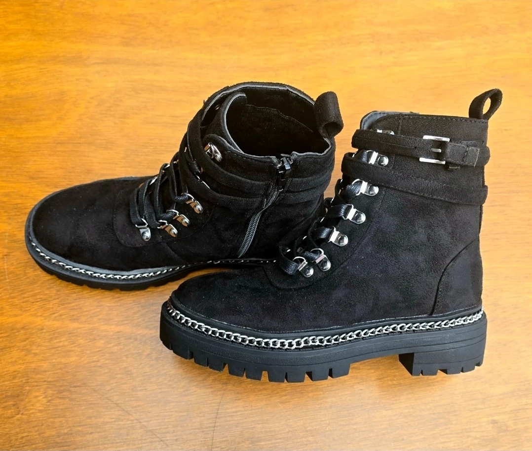 Black Suede Chain Detail Combat Boots - photo 2