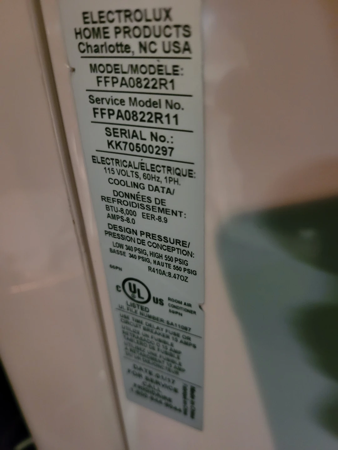 PORTABLE  Frigidaire Room Air Conditioner FFPA0822R1.HA WHEELS - photo 3