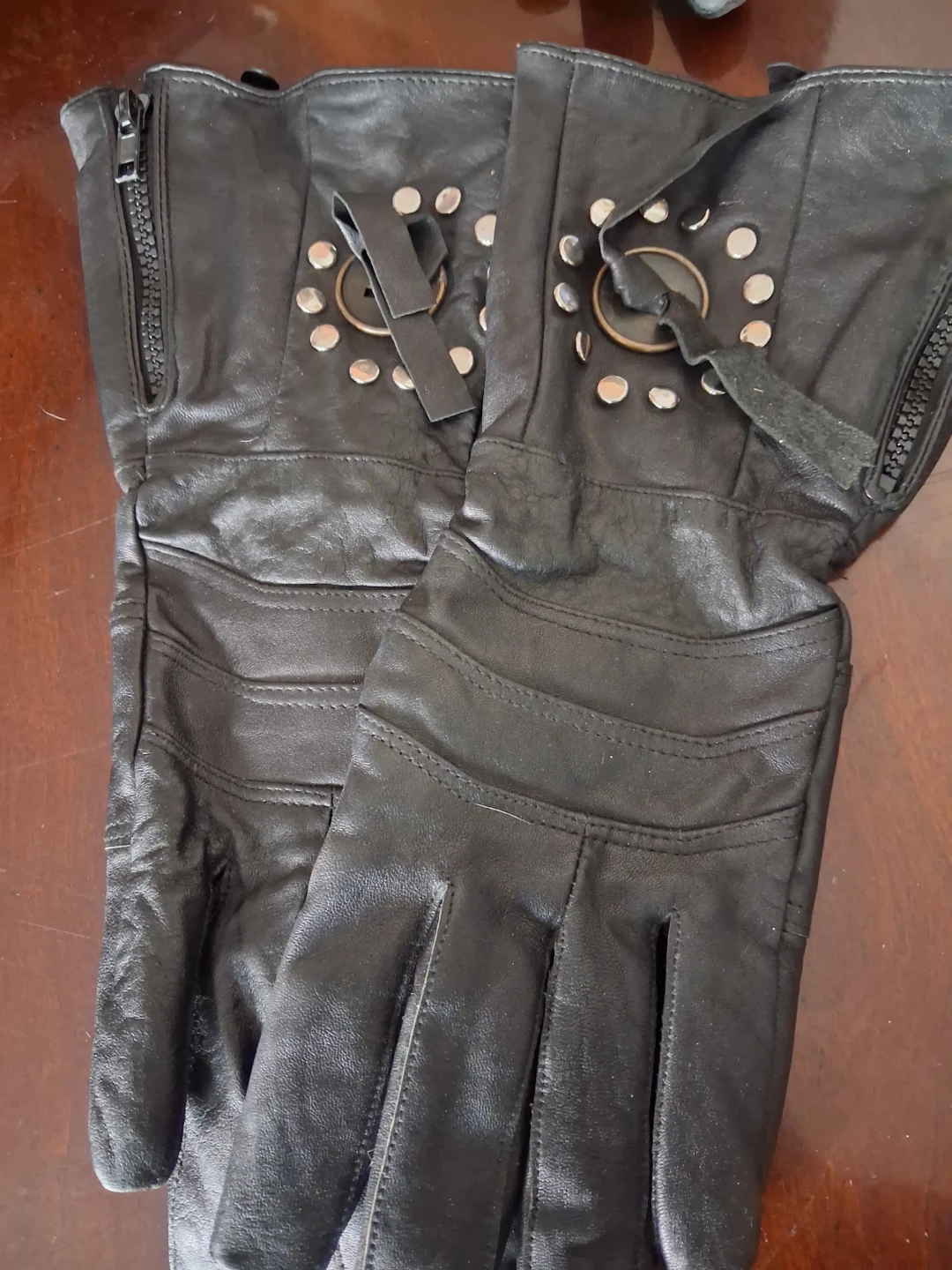 Black Leather Gloves with Studs and Zippers