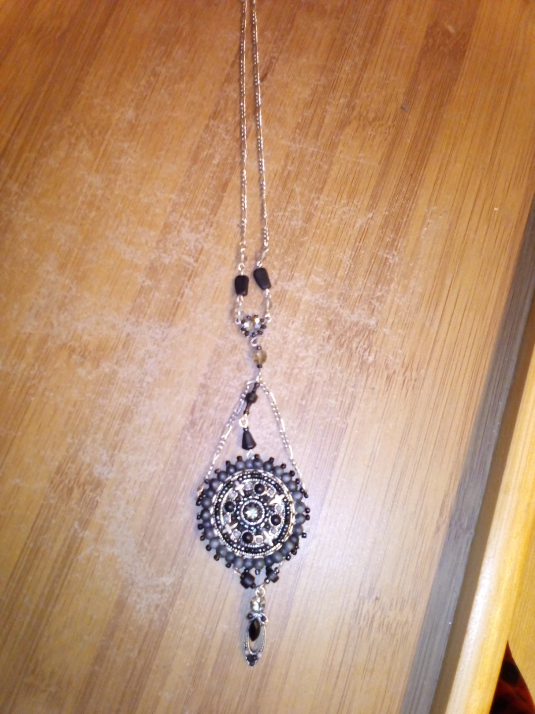 Silver Tone Boho Pendant Necklace with Black Beads