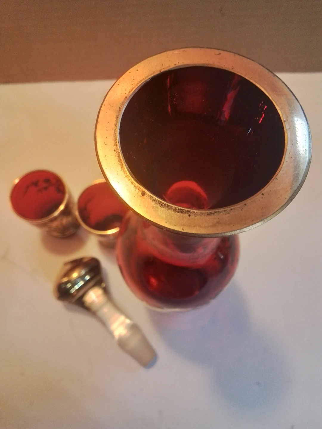 Vintage Mid-Century Bohemian Ruby Red Glass Decanter & 2 - photo 5