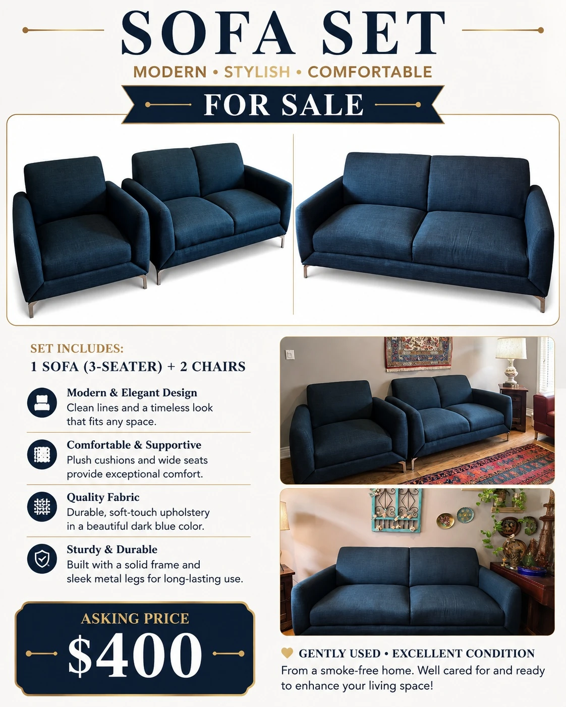 Sofa Set (3-Seater + 2 Chairs) - Dark Blue