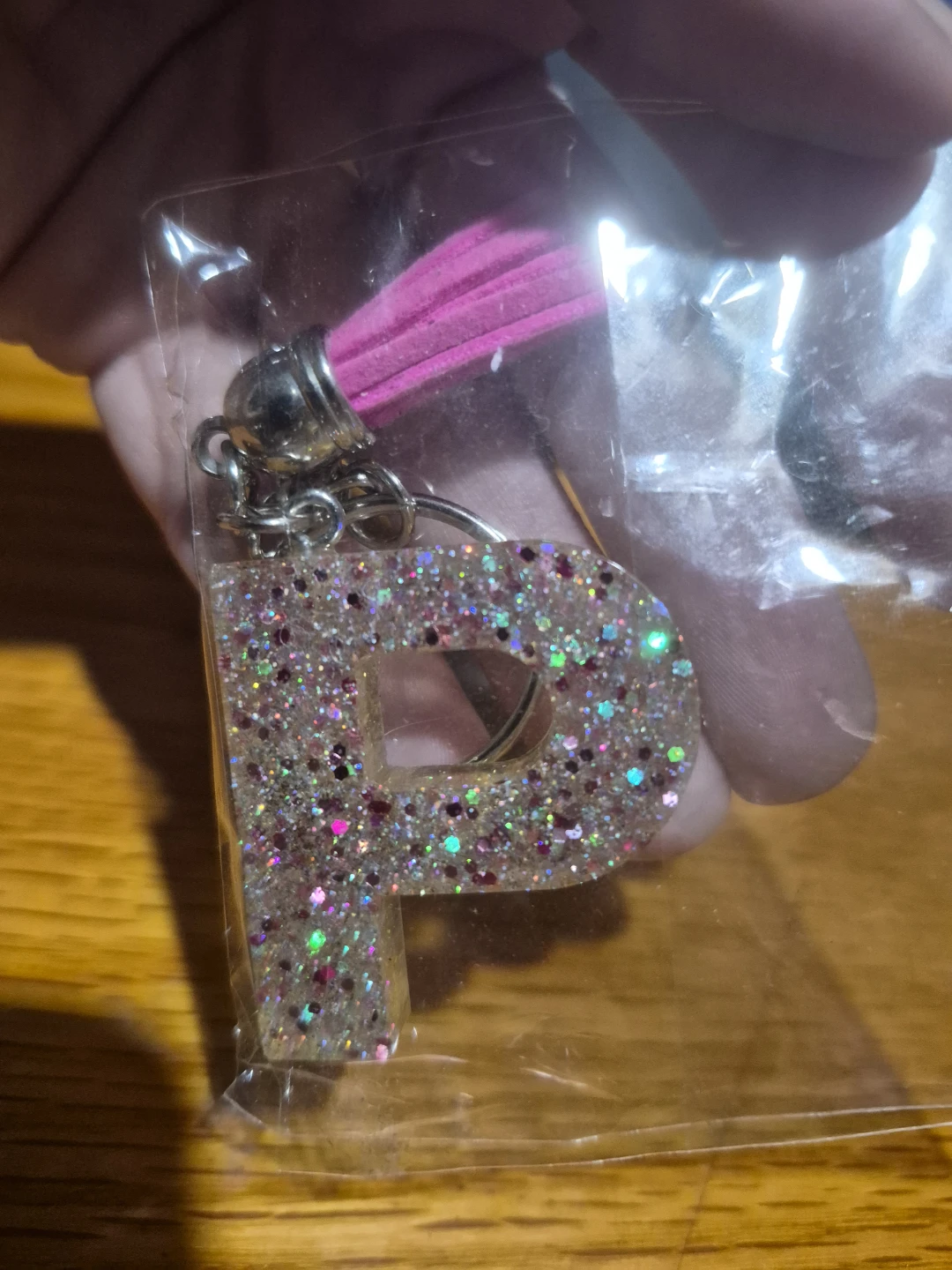 Glitter Letter P Keychain with Pink Tassel