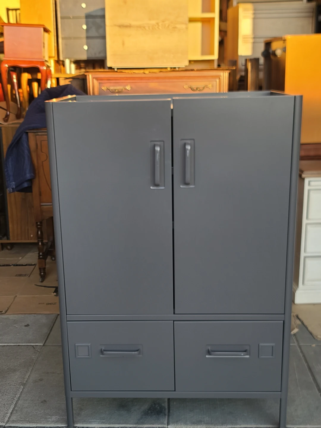 Grey Metal Storage Cabinet with Doors and Drawers