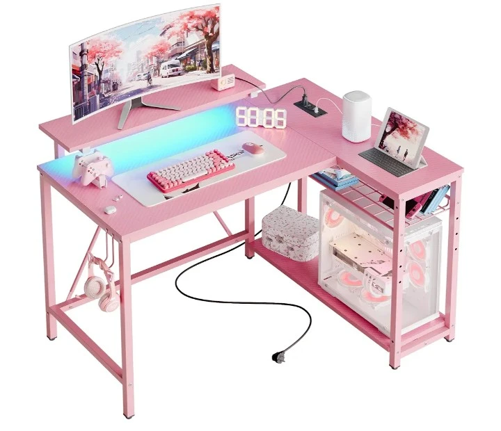 Pink L-Shaped Gaming Desk with LED Lights - photo 2