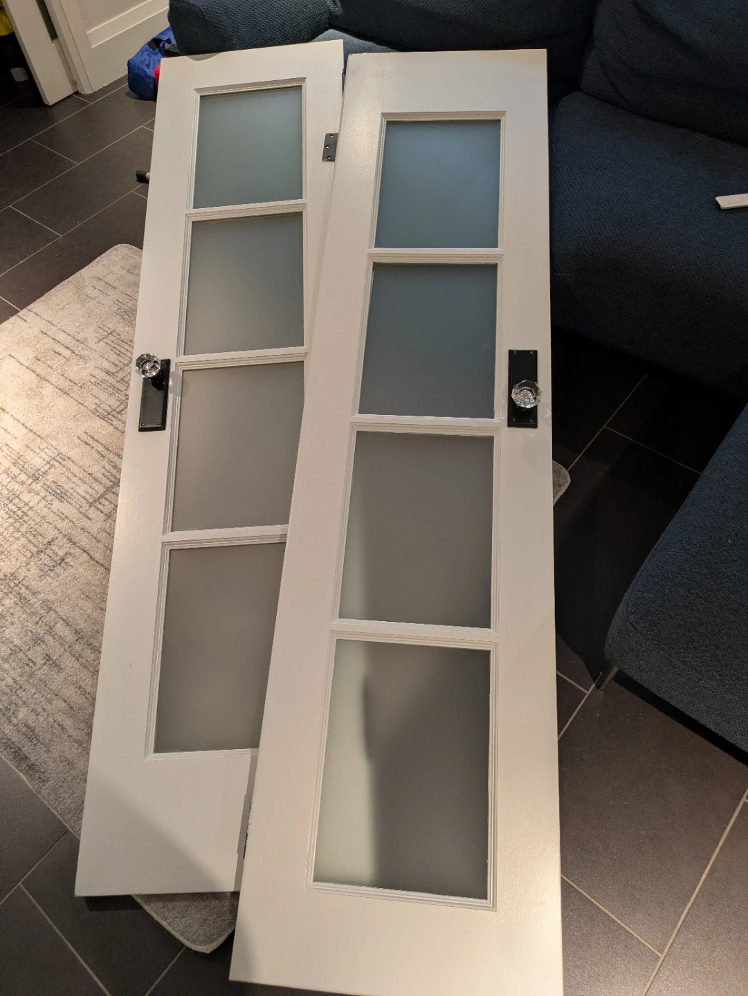 White interior doors with frosted glass panels