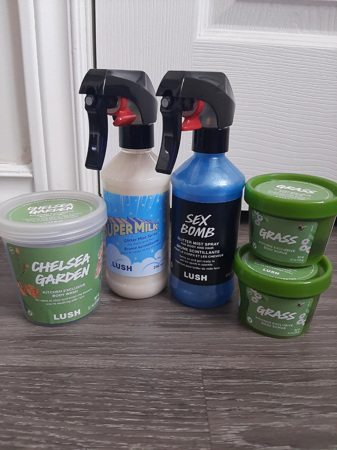 Lush Super Milk, Sex Bomb, Chelsea Garden, and Grass Products