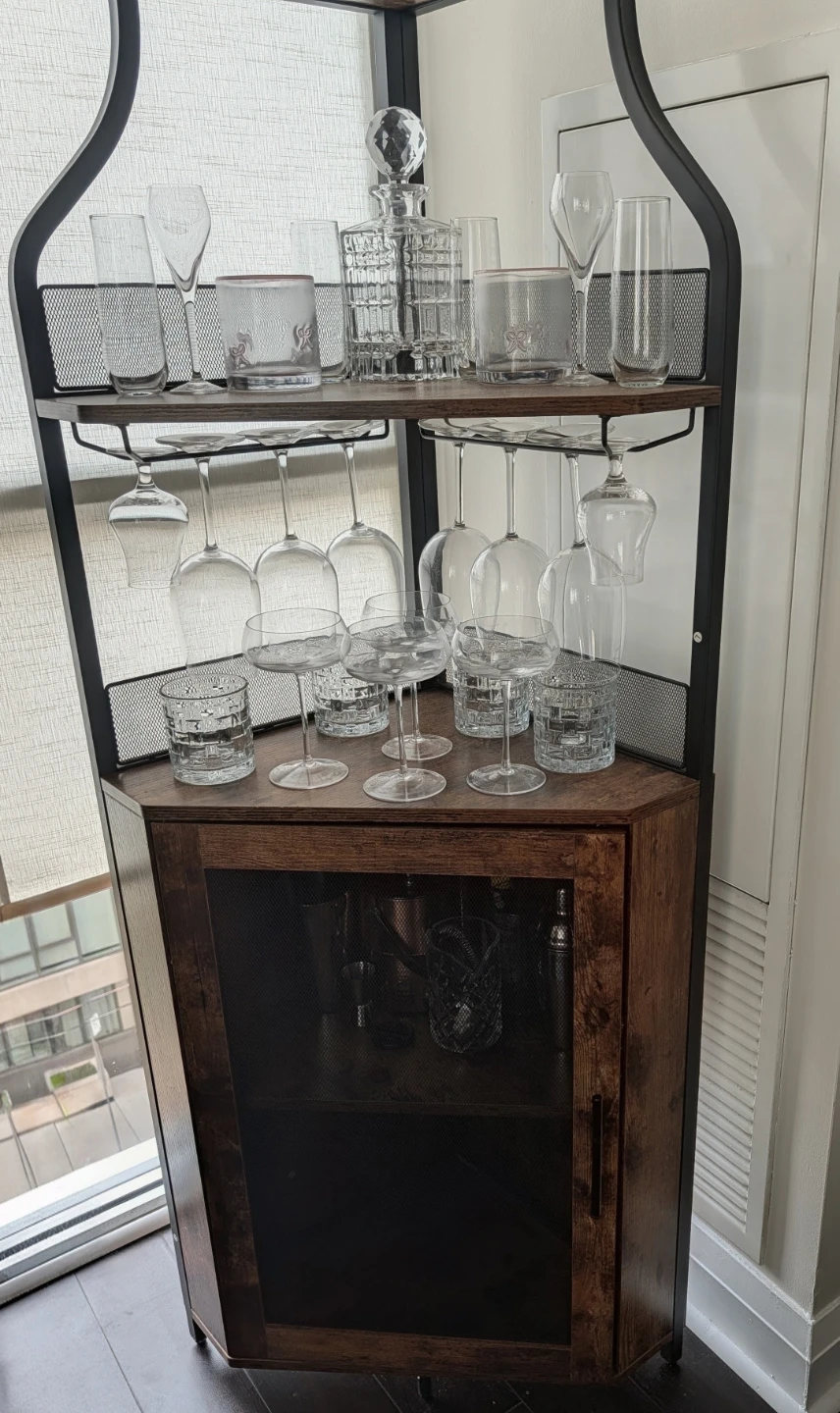 Corner Bar Cabinet with Drinkware and Bar Tools