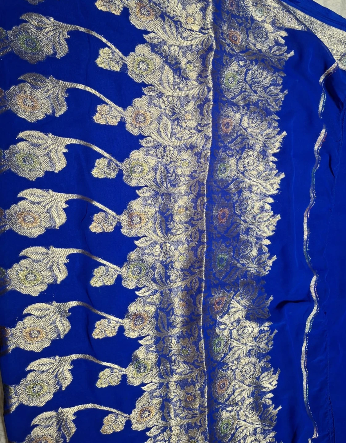 Royal Blue Chiffon Saree with Silver Floral Embroidery - photo 2