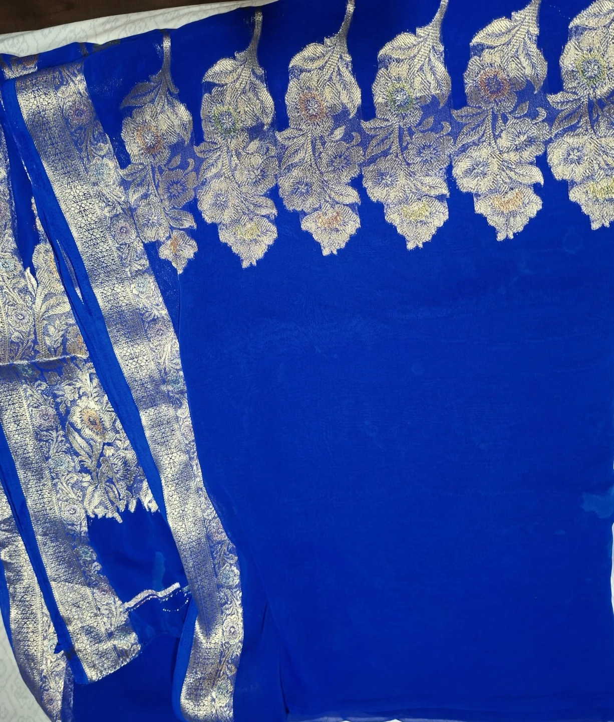 Royal Blue Chiffon Saree with Silver Floral Embroidery - photo 4