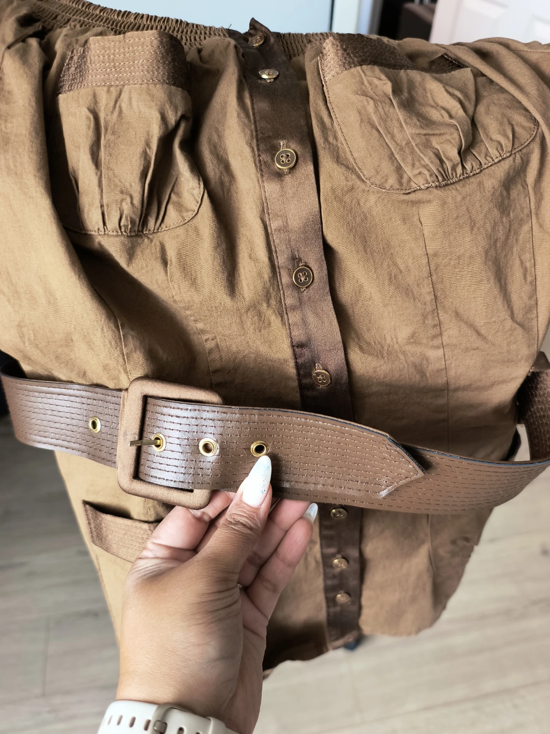 Bebe Women's Brown Button-Up Shirt with Belt - photo 3