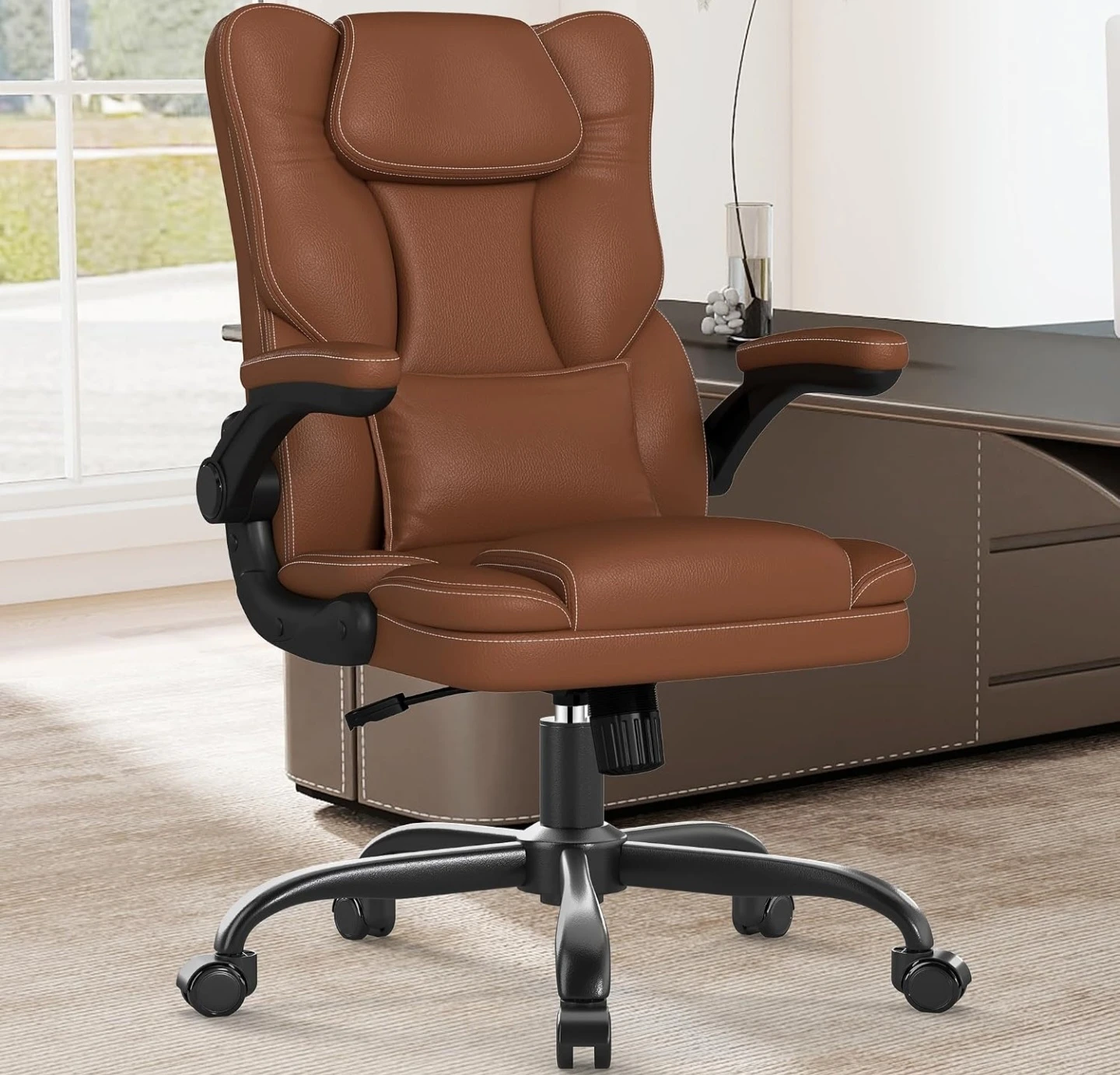 Brown Ergonomic Office Chair with Lumbar Pillow