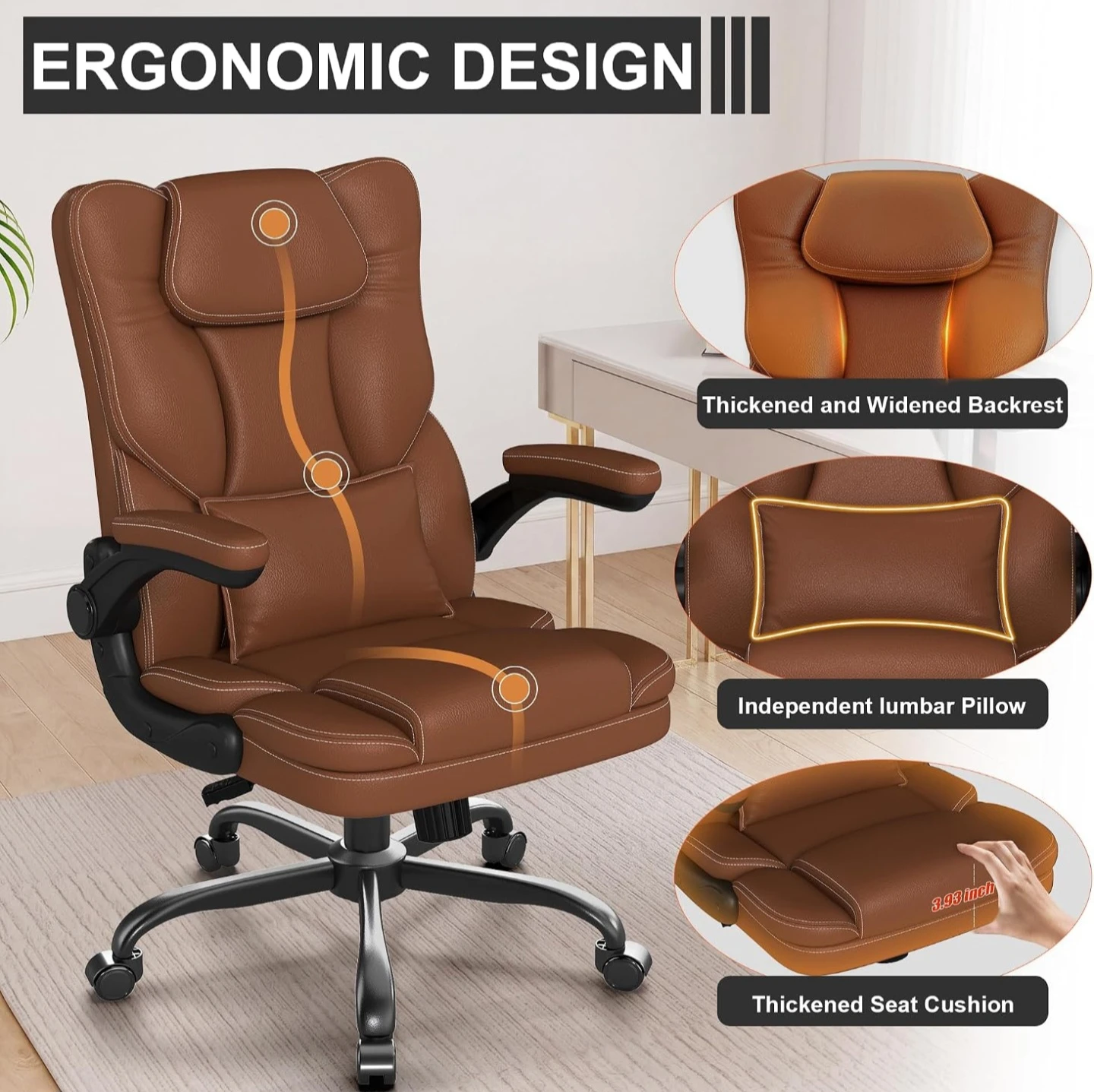 Brown Ergonomic Office Chair with Lumbar Pillow - photo 2
