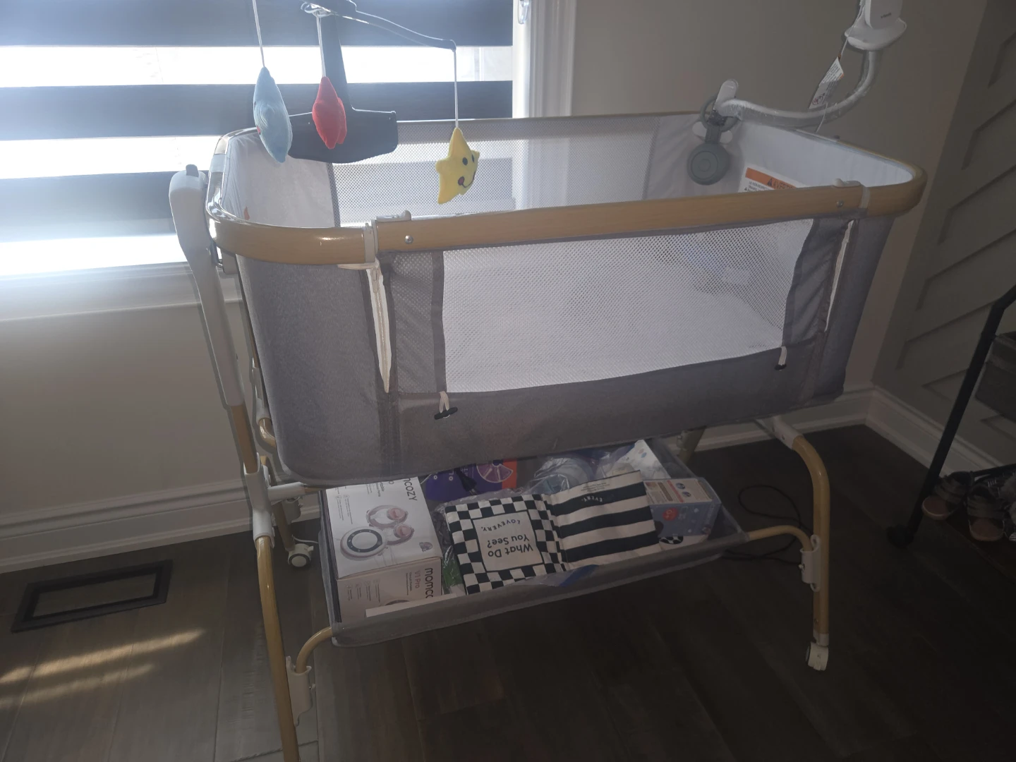 Grey Baby Bassinet with Mobile