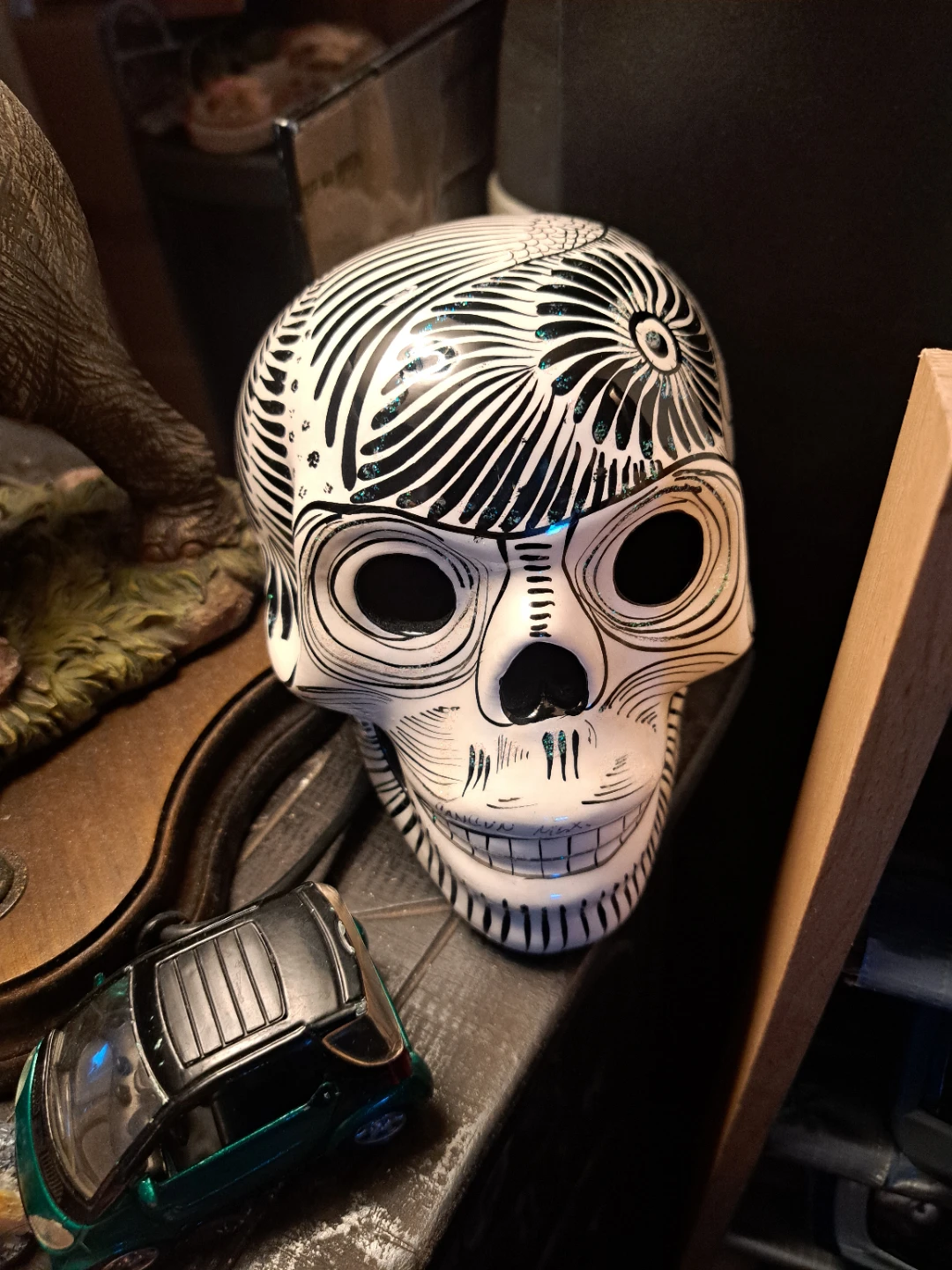 Decorative Skull Figurine with Black and White Design