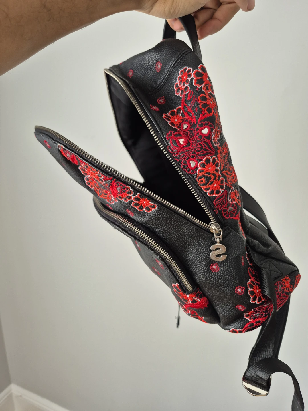 Desigual Black Backpack with Red Floral Embroidery - photo 2