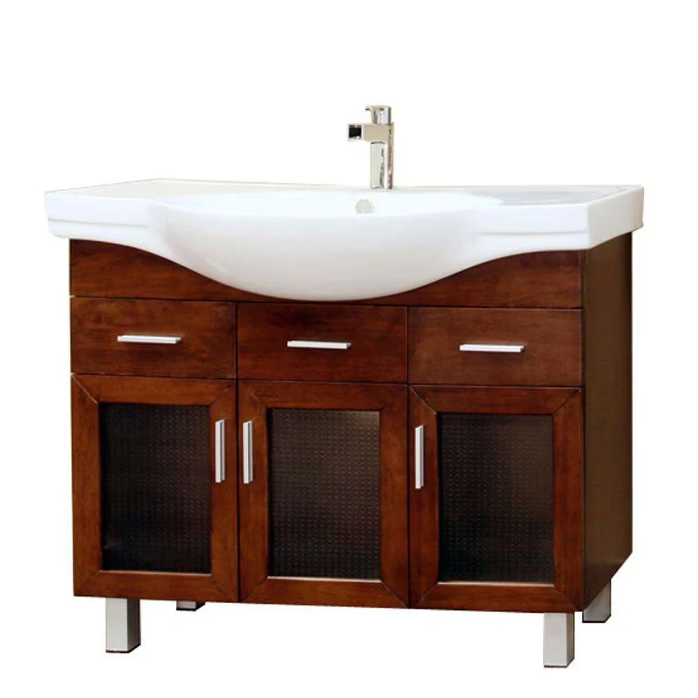 Brown Wood Vanity with Sink and Faucet