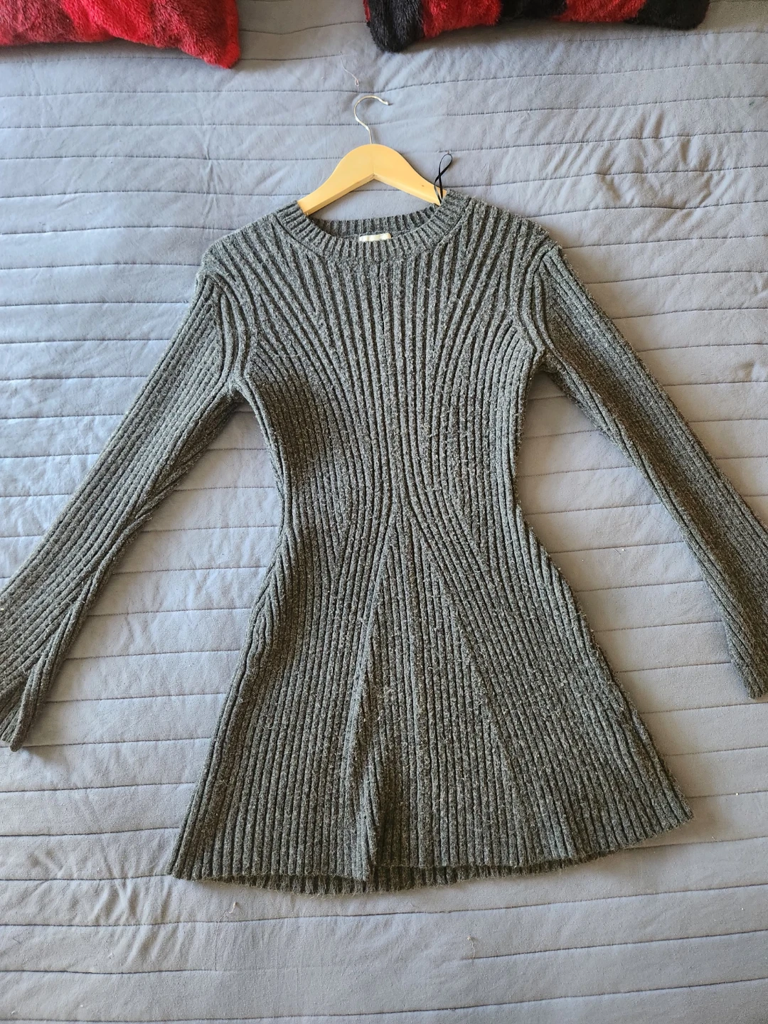 Grey Ribbed Knit Sweater Dress