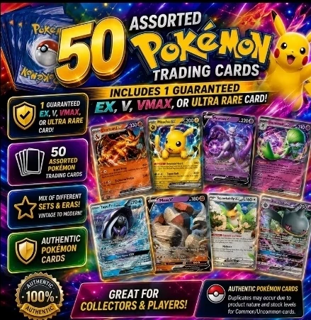 50 Assorted Pokemon Trading Cards - Includes Rare Card!
