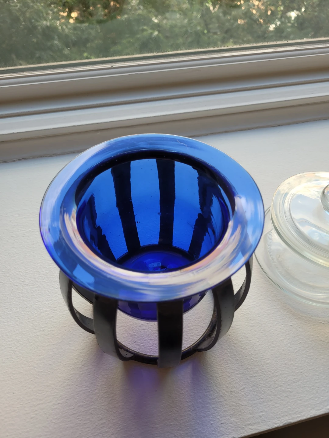 Blue glass candle holder with decorative jar set